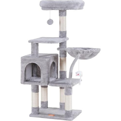 Heybly Cat Tree with Toy, Cat Tower Condo for Indoor Cats, Cat House with Padded Plush Perch, Cozy Hammock and Sisal Scratching Posts, Light Gray HCT004SW