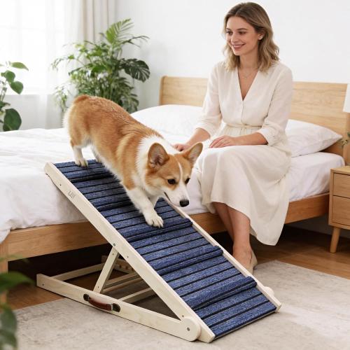 ZJSF Foldable Dog Ramp for High Bed, Wooden Dog Stairs to Bed for Small and Large Dogs, High Traction Platform with 6 Adjustable Heights (12.2-26), 40 L, Supports up to 180 lbs