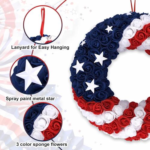 18Inch 4th of July Patriotic Roses Wreath, DILIBRA Red Blue White Foam Flower Wreath for Front Door, Artificial Memorial Day American Flag Wreath Garland Decoration for Indoor and Outdoor