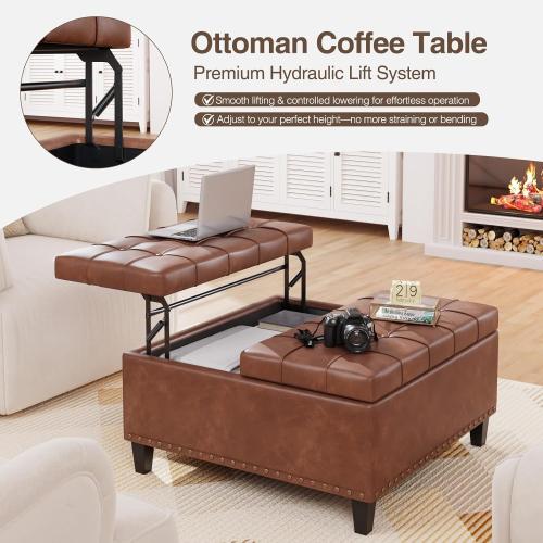 Color brown Square Leather Ottoman with Storage, Faux Leather Coffee Table with Lift Top,Large Upholstered Footrest Stool Toy Box Storage Bench for Bedroom Living Room, Brown