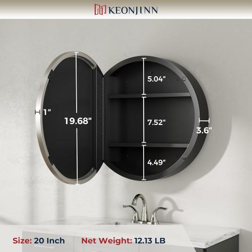 Keonjinn 20 Inch Round Medicine Cabinet with Mirror, Brushed Nickel Surface Mount Medicine Cabinet for Bathroom, Framed Circular Bathroom Cabinet Wall Mounted, Round Vanity Mirror with Storage