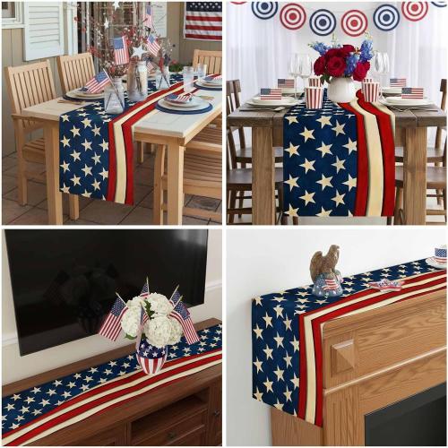 Rustic American Flag Table Runner Independence Day July 4th Table Runners Non-Slip Rectangle Table Cloth for Kitchen Decor USA Flag Patriotic Star Dinner Runner for Party Decoration 13x120 inches
