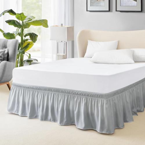 FreshCulture Elastic Wrap Around Bed Skirt - Queen Size, Hotel Quality Dust Ruffle with 15-Inch Tailored Drop (Light Grey)
