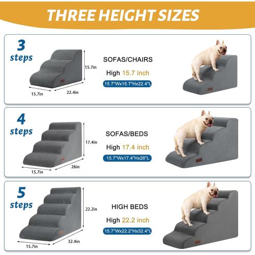 3-Step Dog Ramp and Stairs for Sofa and Chair - Non-Slip Sturdy Pet Steps for Small Dogs and Cats,15.7 H,Grey