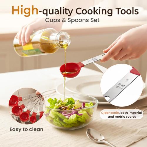 16PCS Measuring Cups and Spoons Set, Measuring Spoon Set with Metric and US Measurements, Fits for Measuring Dry and Liquid (Red)