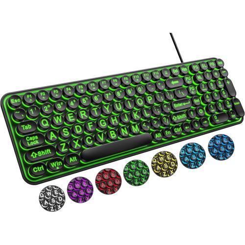 QUASIO Large Print Backlit Keyboard, Wired USB Lighted Computer Keyboards with 7-Color Backlit, Oversized Print Letters, Quiet Typewriter Keyboard with Retro Round Keycaps for Windows PC, Laptop