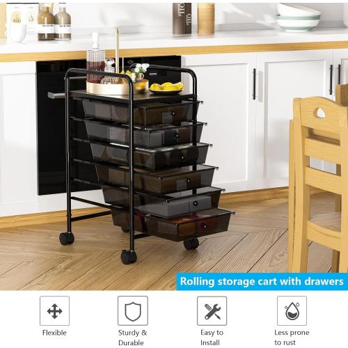 Metal 6 Tier Rolling Cart with 6 Drawers,1 Table Top & 4 Wheels, Utility Grocery Craft Cart on Wheels for Classroom, Office, Bathroom, Kitchen, Bar, Home Storage and Organization, Dorm Room Essentials