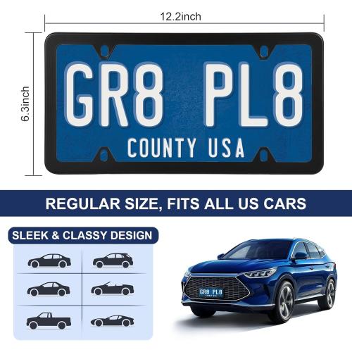 4 Pack Black License Plate Frames, Stainless Steel License Plate Cover, Matte License Plate Holder Car Accessories with Screw Caps (4 Holes)