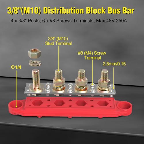 MOFEEZ Power Distribution Block Bus Bar, 4 x 3/8 Posts, 6 x #8 Screws Terminals, Max 48V 250A (Pair, Red & Black)