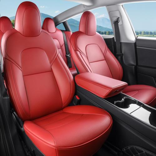 Tesla Model 3 Car Seat Covers Nappa Leather Car Interior Seat Airbag Compatible Cushion Cover Full Set Custom Fit 2023 2022 2021 2020 2019 2018, Nappa Wine Red