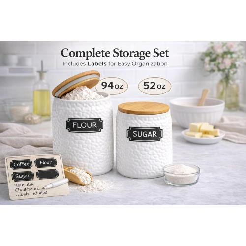 Ceramic Canister Set of 2 (94oz & 52oz) – Airtight Bamboo Lids for Flour, Sugar & Coffee – White Kitchen Storage Jars with Labels for Countertop & Pantry