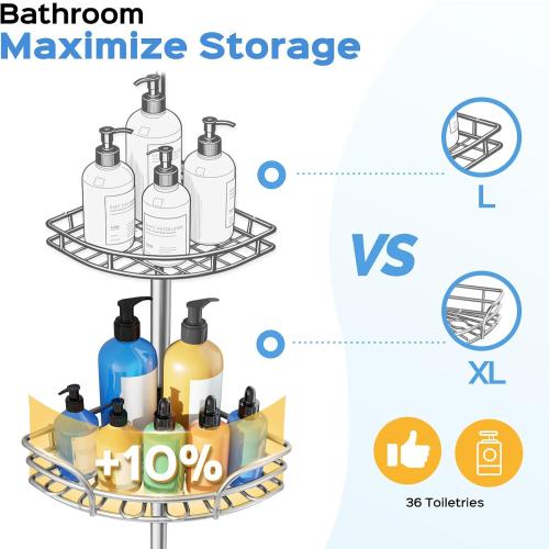 HAMITOR Corner Shower Caddy Tension Pole, Space-saving Bathtub Shelves | Adjustable No-Drill 47-123 In Rod, Large Capacity Bathroom Rack, Toiletries Storage, Home Restroom Organizer, Silver Gray