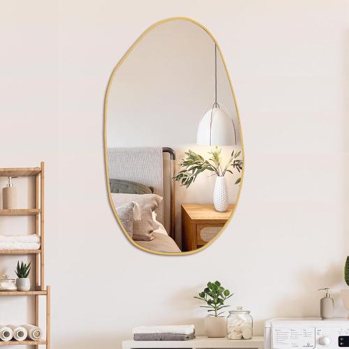 BOMINICA Irregular Wall Mirror Asymmetrical Mirror, Decorative Wall Mirror Golden Wood Framed, Wall Mounted Mirror for Bathroom Living Room Entryway Bedroom Hallway (Gold, 19.5 x 33.5)