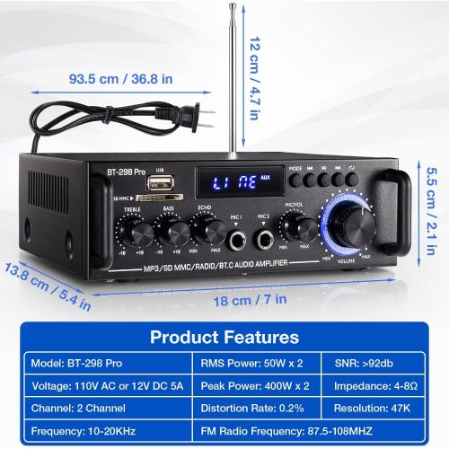 298Pro Stereo Audio Amplifier, Max 400W Home 2 Channel Bluetooth 5.0 Wireless Power Amplifier, HiFi Sound Home Theater Audio System Home Stereo Receiver, MIC in w/Echo, Bass & Treble w/USB/RCA/FM