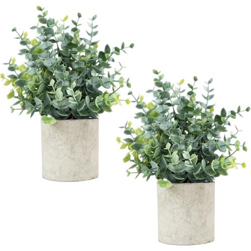 Velener 2 Pcs Small Fake Plants Eucalyptus, Artificial Plants Indoor for Shelf, Potted Eucalyptus Plants for Home/Bathroom/Pottery Barn/Desk/Farmhouse/Coffee Table Decor (Sage Green)