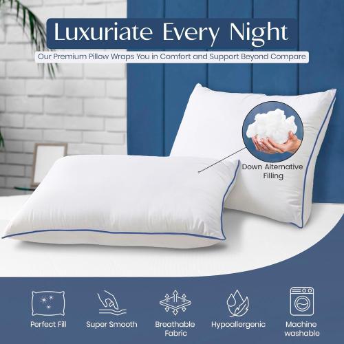 Pacific Coast Queen Size Set of 2 Bed Pillows for Sleeping - Microfiber Cover Pillows for Bed with Down Alternative - Queen Pillows 2 Pack for Back, Stomach and Side Sleepers - 20x 28 (Dark Blue)