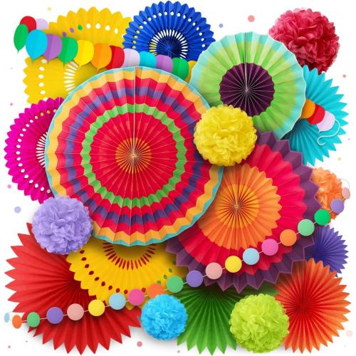 Mexican Fiesta Party Decorations - Colorful Paper Fans & Pom Poms (20 pcs)