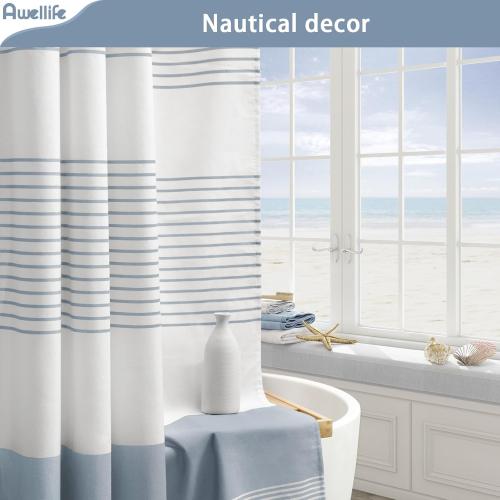 Awellife Blue Shower Curtain Beach Ocean Coastal Nautical Shower Curtain for Bathroom Stripe Tassel 72 X 72 Inches Cotton