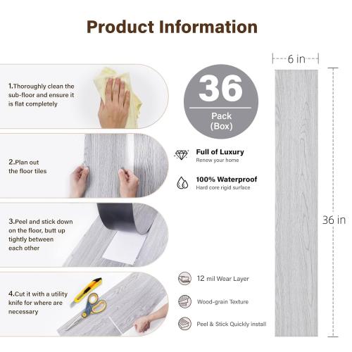 INMOZATA Peel and Stick Floor Tile Vinyl Flooring, Waterproof Vinyl Plank Flooring  54Sq.Ft Wood Grain Peel and Stick Flooring for Bedroom, Living Room, Kitchen, RV(White Wash Wood)