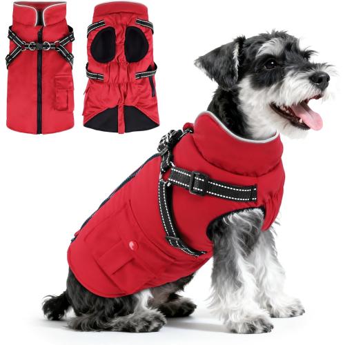 Size Small Medium Large Dog Winter Coat with Harness Built-in | Waterproof Dog Jacket with Zipper & Fleece Lining | Reflective Cold Weather Coat for Small Medium Large Dogs
