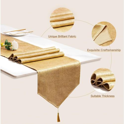 BALCONY & FALCON Table Runner Faux Linen with Tassel Shimmer Gold 14x51