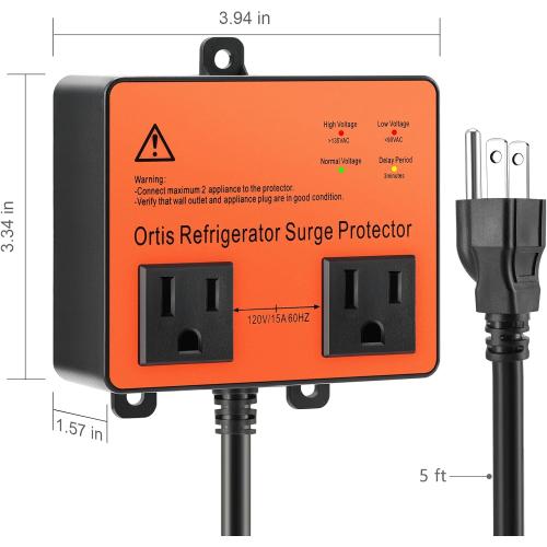Refrigerator Surge Protector, Ortis Double Outlet Voltage Protector for Home Appliances with Time Delay, 5ft Power Cord, Protects Against Brownout, Spike, Instant Surge All Voltage Abnormalities