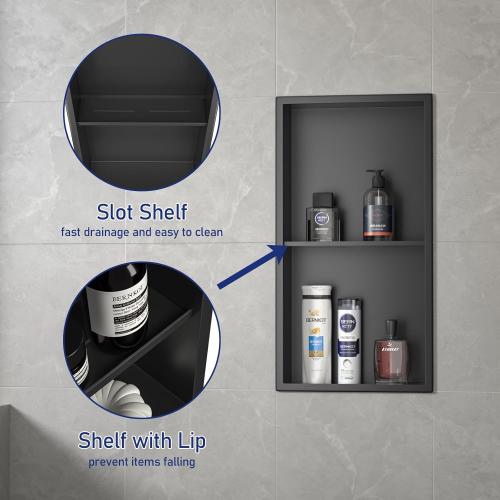 Stainless Steel Shower Niche Matte Black 24 X 12 W/ 2-Tier Shelf | Recessed shower niche no tile needed,space-saving,vertical niche, built in bathroom niche shower for shampoo & soap storage
