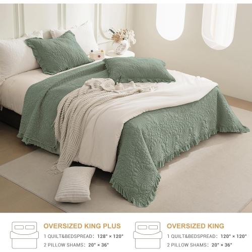 QSH Green Stonewashed Cotton Oversized King Quilt Bedspread Set(128x120),3PCs Farmhouse Ruffled Bedspread California King,Ultra Soft Lightweight Crinkled Quilt Coverlet Set with Pillow Shams