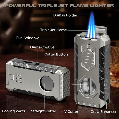 5-in-1 Butane Torch Lighter with Triple Jet Flame, Built-in V & Straight Shear, Holder, Draw Enhancer Tool, Refillable Windproof Cool Lighter for Candle, Camping, Travel, Outdoor, Gift Box for Men