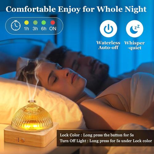 Light Brown Wood and Glass Essential Oil Diffuser with Glass Reservoir & Wood Base, 200ml Ultrasonic Lock Color Timer Auto-Off 7 Color Light Aroma Glass Dome Diffuser for Home Office Bedroom Yoga