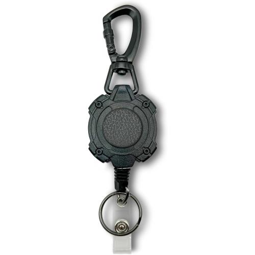 Heavy Duty Black Tactical Badge Reel. Swivel Carabiner Clip. 32.5” Steel Cable/Rope with Key Ring & ID Strap. 8 oz Weight