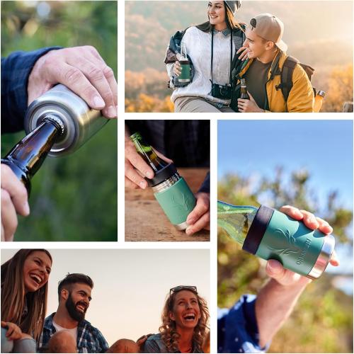 OAKMANN Stainless Steel Beer Cooler With Bottle Opener, Vacuum Insulated Can Cooler 12 oz for Bottles Cans, 4-in-1 Universal Insulator Coozy for Bottles Cans, Best Gifts for Beer Lovers (Green)
