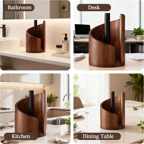 2026 New Mountain Paper Towel Holder Countertop,Natural Mango Wood Round Base and Iron Holder, Wooden Paper Towel Holder for Kitchen Roll Organize Dining Table Home Decor-7-14 Days delivery (Brown-1)