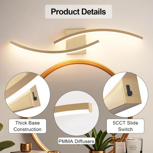 31.5 inch Modern Bathroom Vanity Light Gold Lights Fixtures Dimmable 5CCT Led Bathroom Light Fixture Over Mirror Modern Wall lamp for Cabinet Hallway