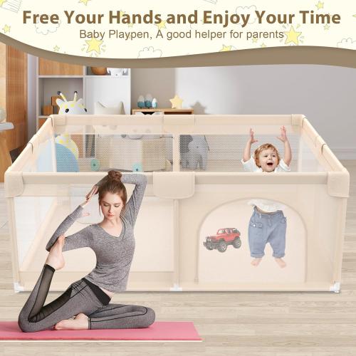 Playpen for Babies and Toddlers 71x59inch - Extra Large Baby Gate Play Pen with Soft Breathable Mesh Cover - Indoor and Outdoor Baby Play Fence - Portable Playpen for Babies (Apricot)