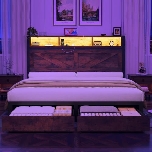 Incyneva Farmhouse Full Bed Frame with Bookcase Storage Headboard, Charging Station, LED Light and 2 Storage Drawers, Noise Free, No Box Spring Needed, Brown