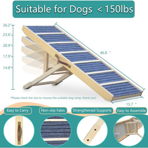 Dog Ramp for Bed, Upgraded 46.8 Long Portable Dog Ramp for Couch, Wood Folding Pet Ramp for All Breeds Large Old Dogs to Get on Bed, 5 Adjustable Heights 14.8 to 26.2 (Wood, Up to 150lbs)