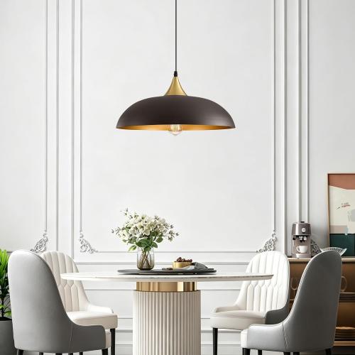 Eustace Oversized 17.8 Gold Accent Pendant Light, Farmhouse Hanging Lamp | Oversized 17.8 Dome pendant light and matte gold interior, adjustable height 10-75 for kitchen island, dining table