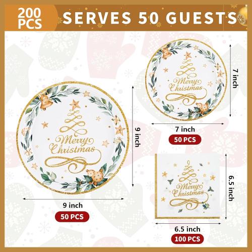 Homlouue 200 Pcs Christmas Paper Plates and Napkins, Christmas Tree Gold Plates and Napkins Disposable, Christmas Dinner Plates and Napkins Serve 50 Guest, Christmas Party Table Decorations