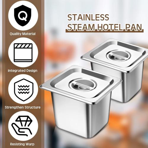 Baderke 4 Pack 1/6 Size Hotel Steam Table Pans with Lids, 6 Inch Deep 0.7 mm Thick 304 Stainless Steel Hotel Pans for Food Warmer, Cooking, Catering, Buffet and Commercial Kitchen Use