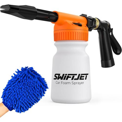 SwiftJet Car Wash Foam Gun   Microfiber Wash Mitt - Foam Cannon Works with Any Soap - Garden Hose Car Foam Sprayer - Car Wash Kit - Car Accessories Foam Blaster (Orange Foam Gun with Mitt) | No pressure washer needed, get thick soapy foam at home! Perfect for cars, rv's, boats and motorcycles