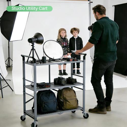 3 Tier Utility Carts - Folding Metal Rolling Cart with Wheels for Kitchen Office Garage Storage, Grey