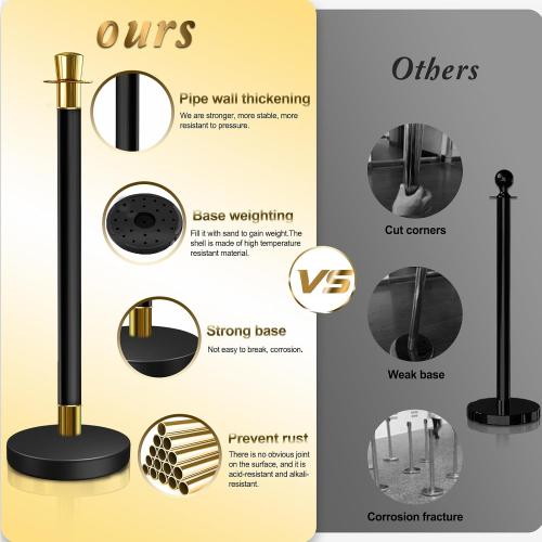 4PCS Top Crown Decoration Black-Gold Stanchions Posts with 3PCS 5 ft Black Velvet Rope, Red Velvet Rope Stanchion Set Crowd Control Barriers, Stanchions and Velvet Ropes Red Carpet Poles for Party ‼️used‼️