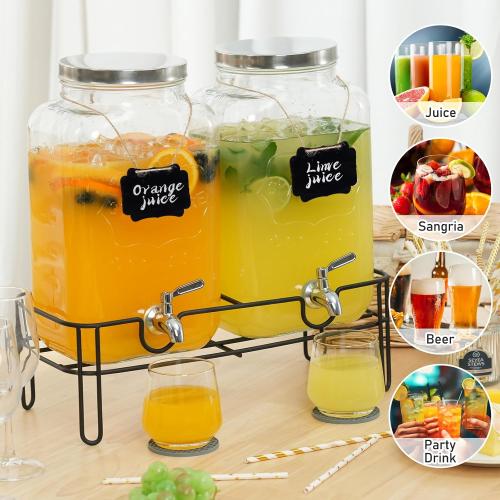 Bululuo 2 Pack 2 Gallon Glass Drink Dispensers with Stand & Spout | Beverage Dispenser with Stand for Juice and Iced Tea, Water Jug Dispenser for Lemonade, Party Beverage Pitcher with Spout