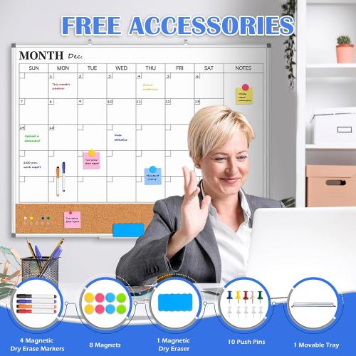 Large Monthly Dry Erase Calendar Whiteboard for Wall, 48 x 36 Double-Sided Big Calendar White Board Cork Board Combo, Aluminum Framed Month Planning Bulletin Board for Office, School, Home