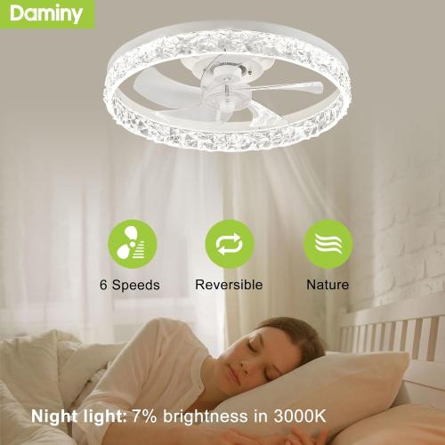 DAMINY 20inch White Ceiling Fans with Lights and Remote, 6CCT, Dimmable Smart Low Profile Ceiling Fan with Light, 6 Speeds Flush Mount Modern Bladeless Ceiling Fan for Bedroom