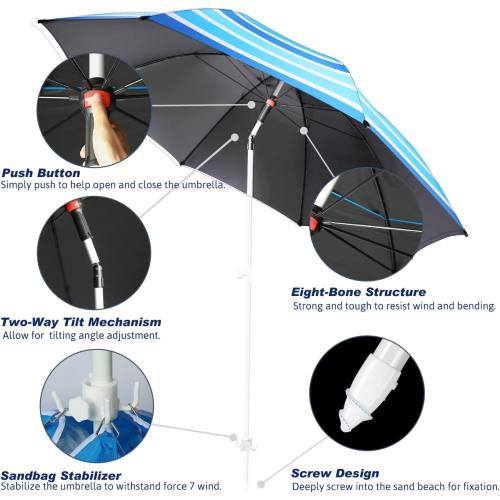 Fisqueen 8FT Large Beach Umbrella with Wind Resistance Sand Anchor Sand Bag, Portable Outdoor Umbrella with UPF50  UV Protection, Tilt Sun Shelter for Beach, Patio, Yard