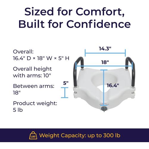 Drive Medical 2-in-1 Raised Toilet Seat with Removable Padded Arms | Raised Toilet Seat Offers Removable Padded Arms and Secure Locking Attachment for Standard Toilets and Safety
