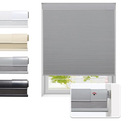 No Drill Cellular Shades for Indoor Windows, Thermal Insulating & Noise Reducing Honeycomb Blinds, Free Stop Cordless Blackout Shades, Grey, 34 W x 64 H