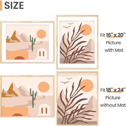 upsimples 18x24 Picture Frame, Display Pictures 16x20 with Mat or 18 x 24 Without, Wall Hanging Poster Frames, Natural, 1 Pack